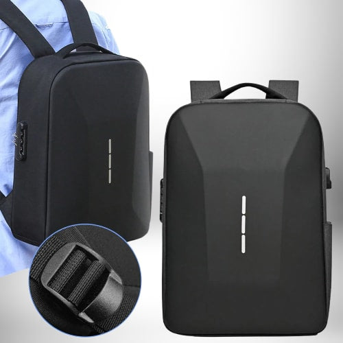 Une image d'un sac à dos noir élégant illustrée sous deux angles différents, avec également une mise au point sur le système de verrouillage et des sangles ajustables du sac à dos.

